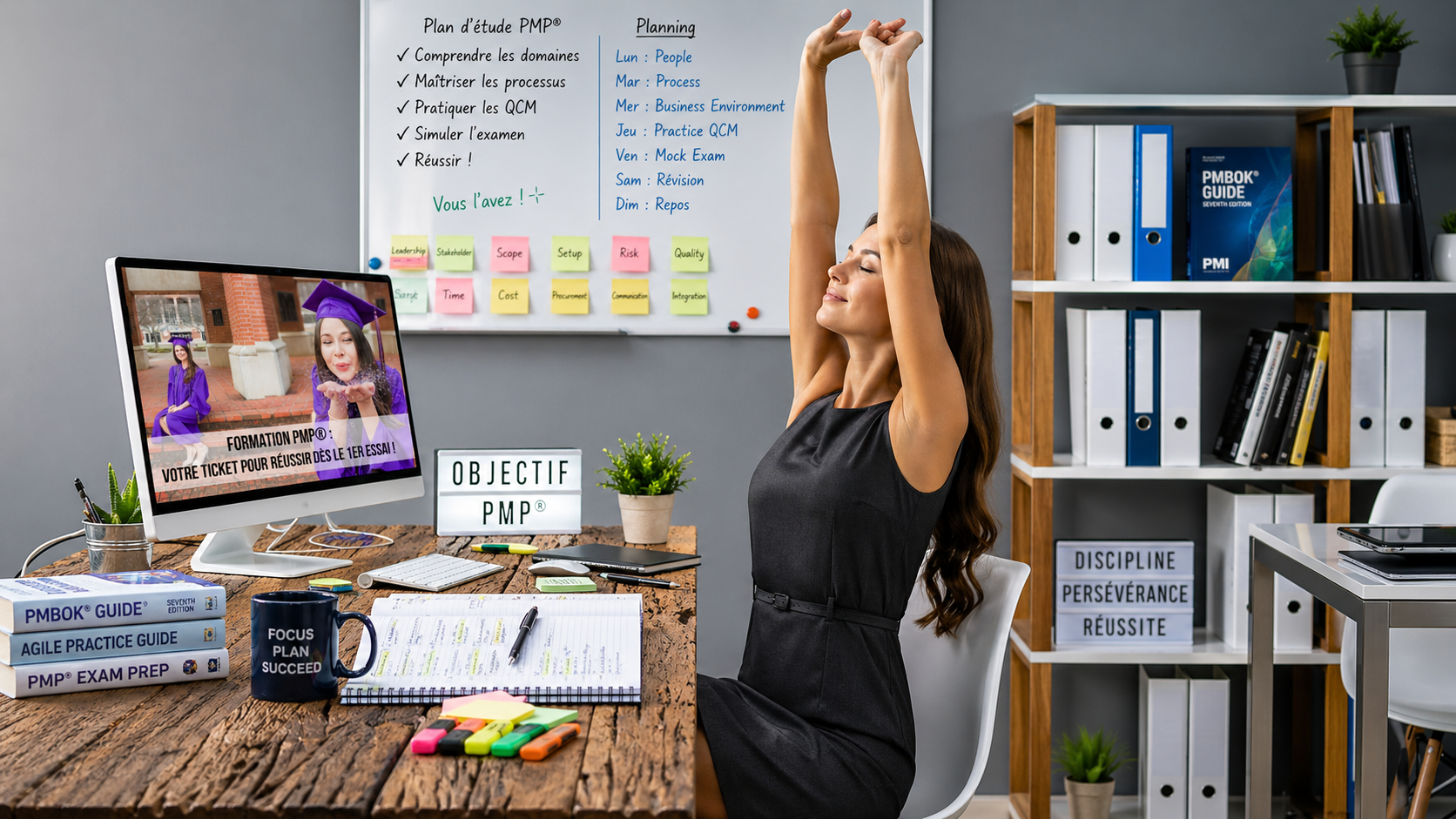 Femme sereine à son bureau entourée de guides PMBOK® et de supports de préparation à l'examen PMP®